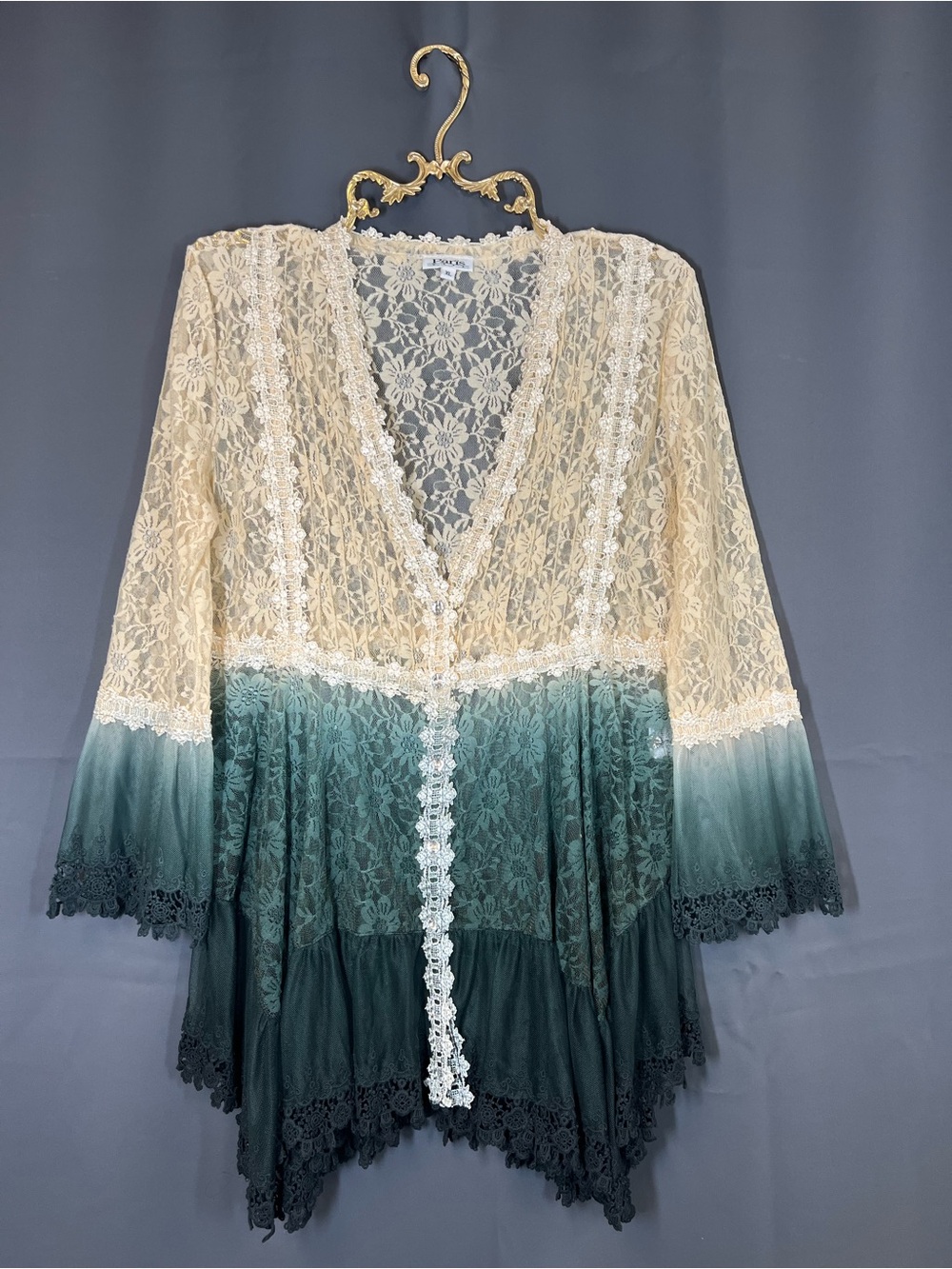 Paris Hues Vintage Y2K Lace Ombre Kimono Cardigan Duster Pine Green Cream XL - Picture 6 of 16